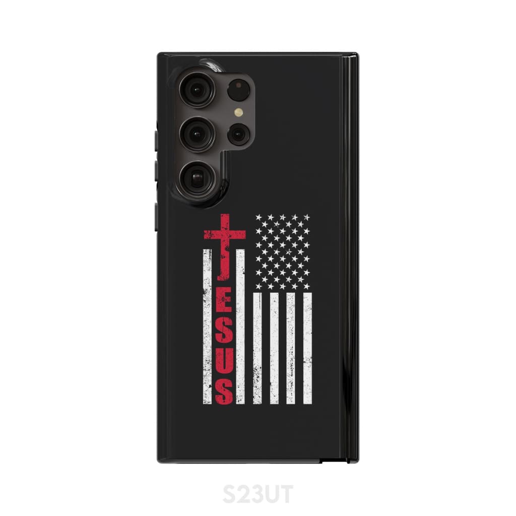 Patriotic phone cases: Jesus word cross with American flag Christian case Samsung Galaxy S23 Ultra / Tough