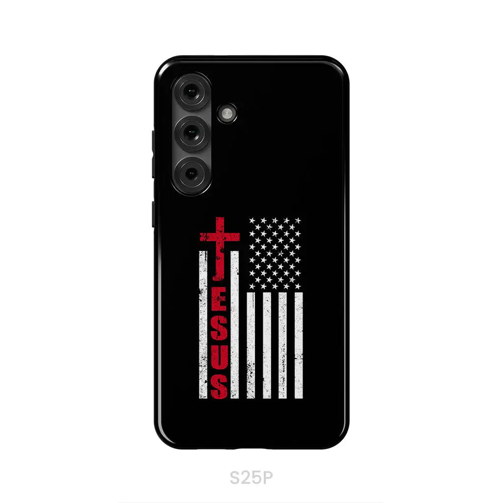 Patriotic phone cases: Jesus word cross with American flag Christian phone case Samsung Galaxy S25 Plus / Tough Case