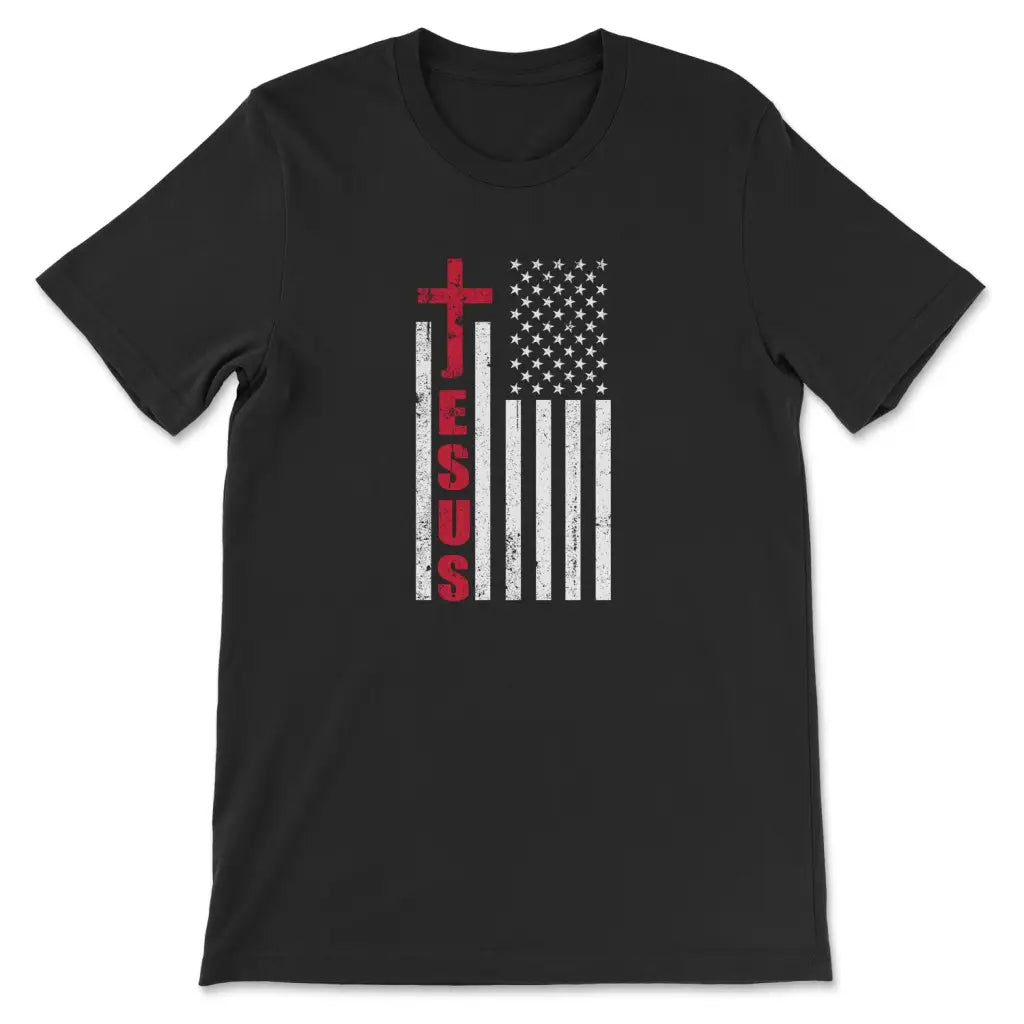 Patriotic T-Shirts: Jesus word cross with American flag Christian t-shirt Black / S