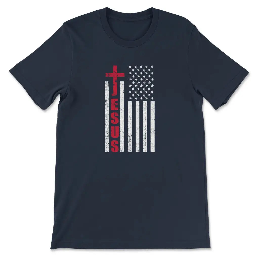 Patriotic T-Shirts: Jesus word cross with American flag Christian t-shirt Navy / S