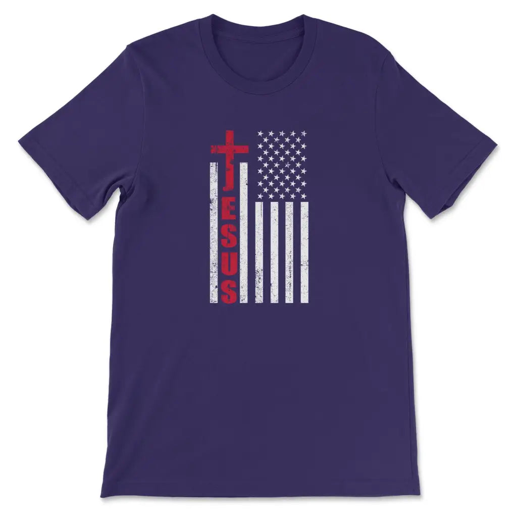 Patriotic T-Shirts: Jesus word cross with American flag Christian t-shirt Team Purple / S