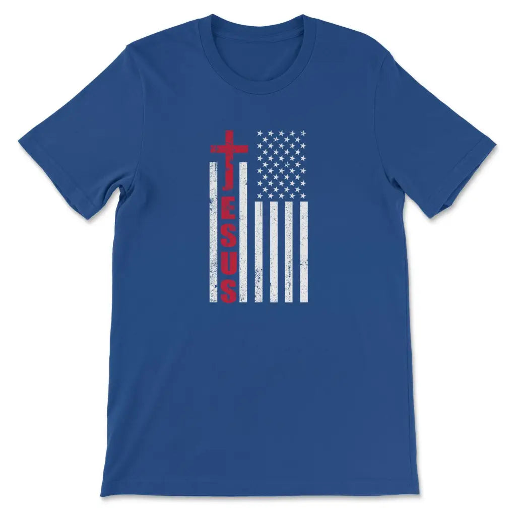 Patriotic T-Shirts: Jesus word cross with American flag Christian t-shirt True Royal / S