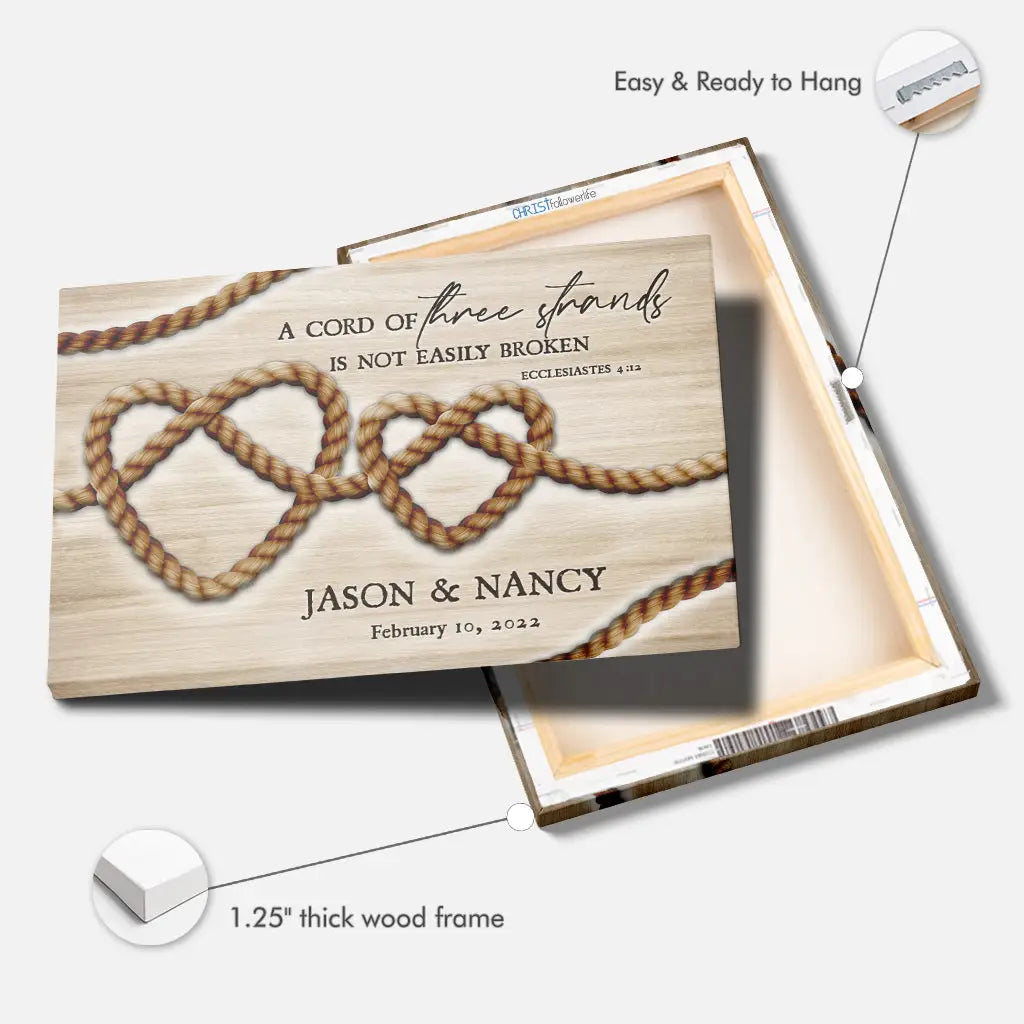 Personalized Christian home decor with Ecclesiastes 4:12, "A cord of three strands is not easily broken," ideal for couples or as a special anniversary gift.
