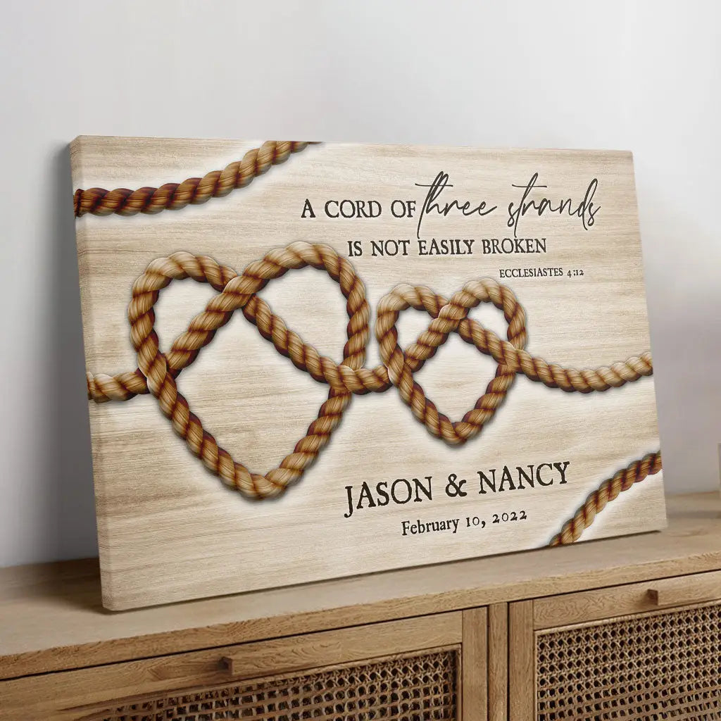 Christian gifts featuring Ecclesiastes 4:12, &quot;A cord of three strands is not easily broken,&quot; personalized wall art ideal for couples and special occasions.