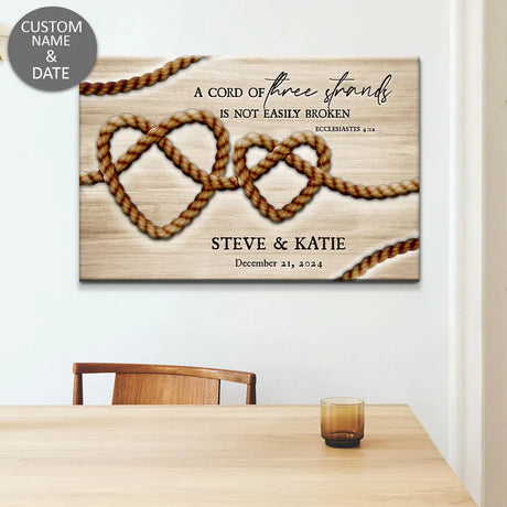 Personalized Christian wall art with Ecclesiastes 4:12, "A cord of three strands is not easily broken," perfect for couples, newlyweds, and anniversaries.