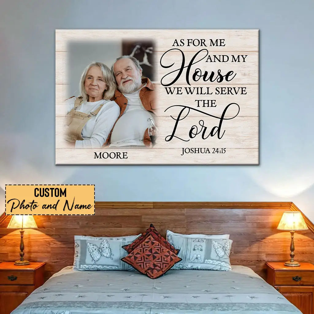 Faith-based wall art with Joshua 24:15 Bible verse, custom family name, and photo, great for religious and inspirational décor.