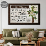 Custom wall art with "As For Me And My House, We Will Serve The Lord" and your family name, perfect for Christian home décor.