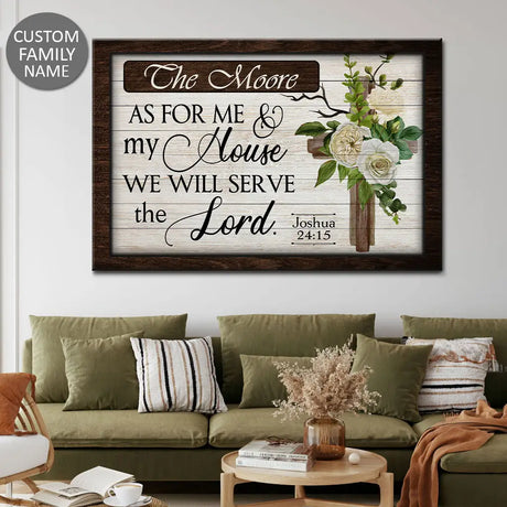 Custom wall art with "As For Me And My House, We Will Serve The Lord" and your family name, perfect for Christian home décor.