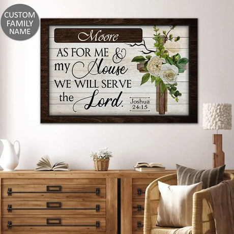 Faith-based wall art featuring "As For Me And My House, We Will Serve The Lord" with custom family name, ideal for religious gifts.
