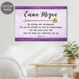 Faith-based personalized wall art with Joshua 1:9, "Be Strong and Courageous," and custom name on purple background.