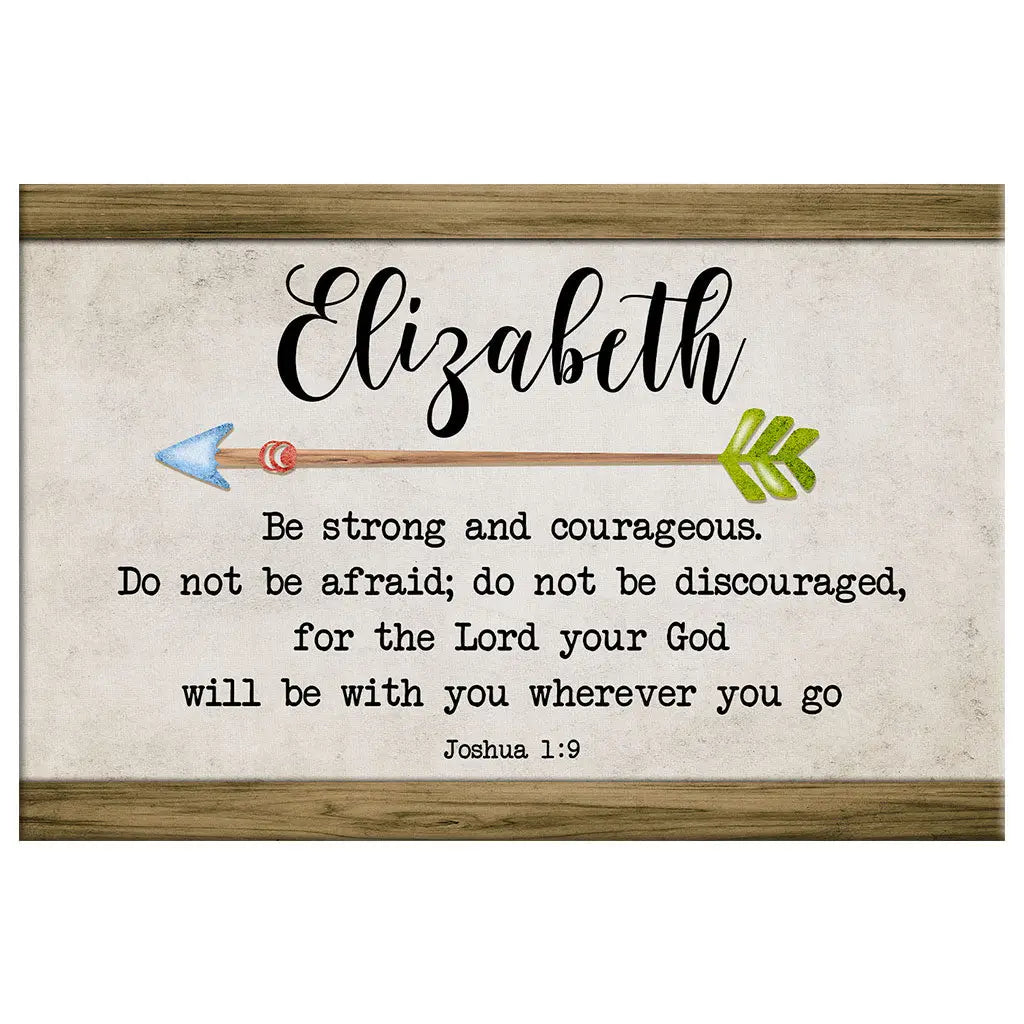Brown background "Be Strong and Courageous" Joshua 1:9 wall art with custom name, ideal Christian gift.