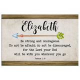 Brown background "Be Strong and Courageous" Joshua 1:9 wall art with custom name, ideal Christian gift.