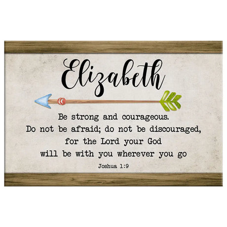 Brown background "Be Strong and Courageous" Joshua 1:9 wall art with custom name, ideal Christian gift.