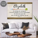 Personalized "Be Strong and Courageous" Joshua 1:9 wall art with custom name on brown background.
