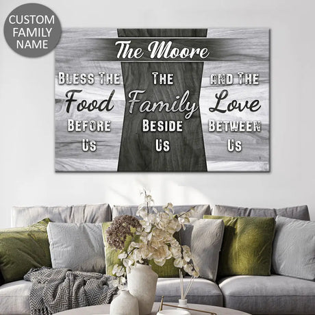 Custom wall art with "Bless the Food Before Us" and your family name, perfect for Christian home décor.