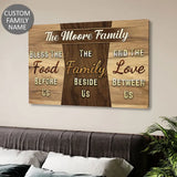 Christian wall art with "Bless the Food Before Us" and custom family name, ideal for faith-inspired gifts.