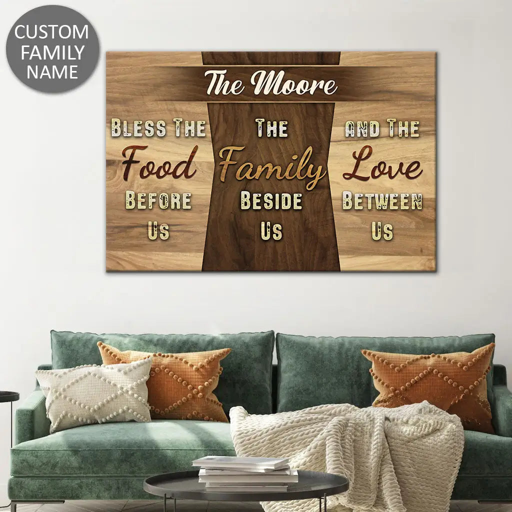 Personalized wall art featuring "Bless the Food Before Us" with custom family name, ideal for Christian gifts.