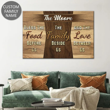 Personalized wall art featuring "Bless the Food Before Us" with custom family name, ideal for Christian gifts.