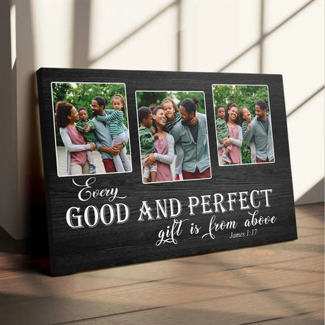 Personalized wall art canvas featuring "Every Good And Perfect Gift Is From Above" with custom photo, ideal for Christian gifts.