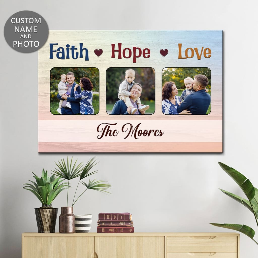 Christian wall art featuring "Faith Hope Love" with personalized family name and photos, ideal for faith-based décor.