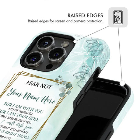 Faith-based phone case with Isaiah 41:10 and custom name, perfect for Christian gifts and daily encouragement.
