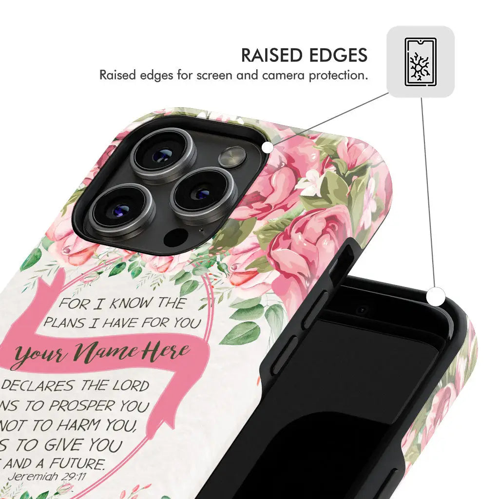 Inspirational phone case with Jeremiah 29:11 Bible verse and custom name, ideal for faith-based Christian gifts.
