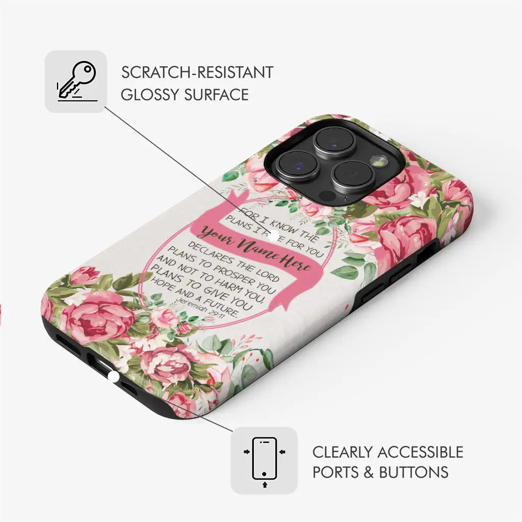 Faith-based phone case with Jeremiah 29:11 Bible verse and personalized name, great for religious and inspirational gifts.