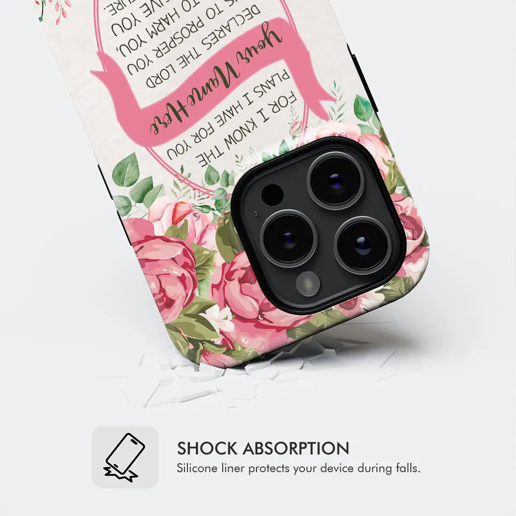 Customizable phone case with Jeremiah 29:11 &quot;For I Know the Plans I Have for You&quot; and custom name, perfect for Christian gifts.