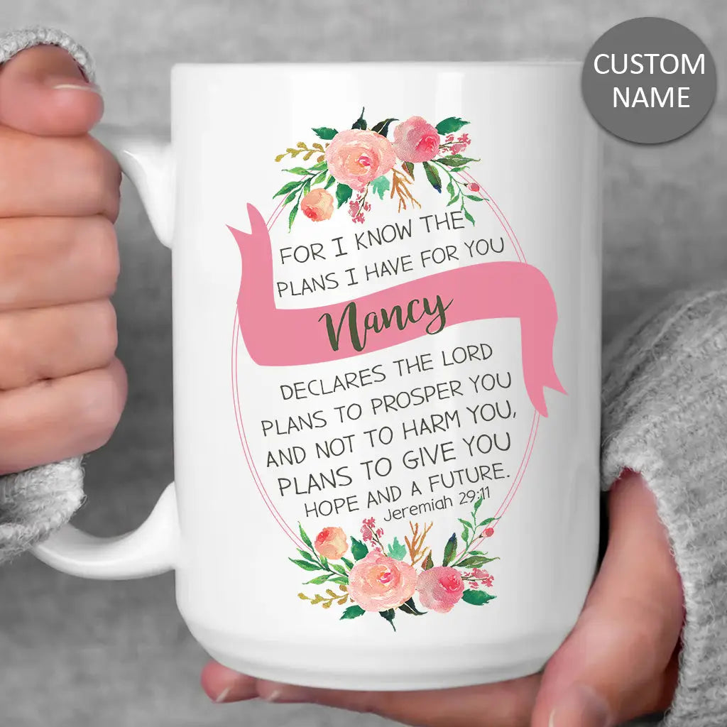 Inspirational mug featuring Jeremiah 29:11 Bible verse, ideal for Christian gifts and daily encouragement.