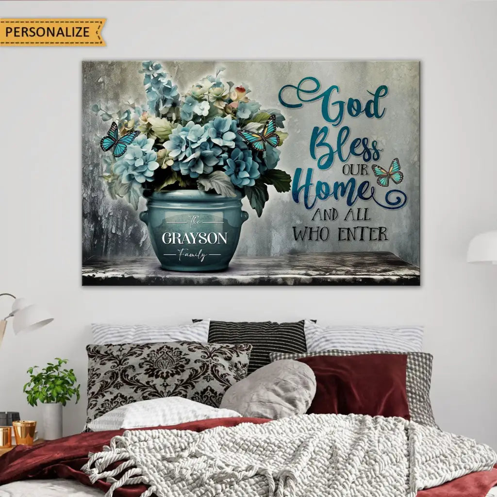 Christian gifts wall art with Bible verse, Jesus-focused, faith-based home décor with family name.