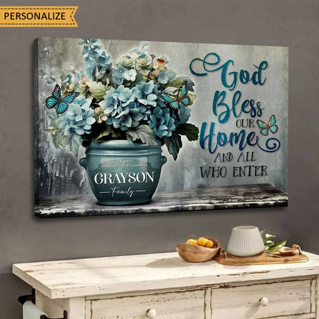 Personalized Christian wall art with "God Bless Our Home" and a family name, featuring flowers and playful butterflies, perfect for gifts.