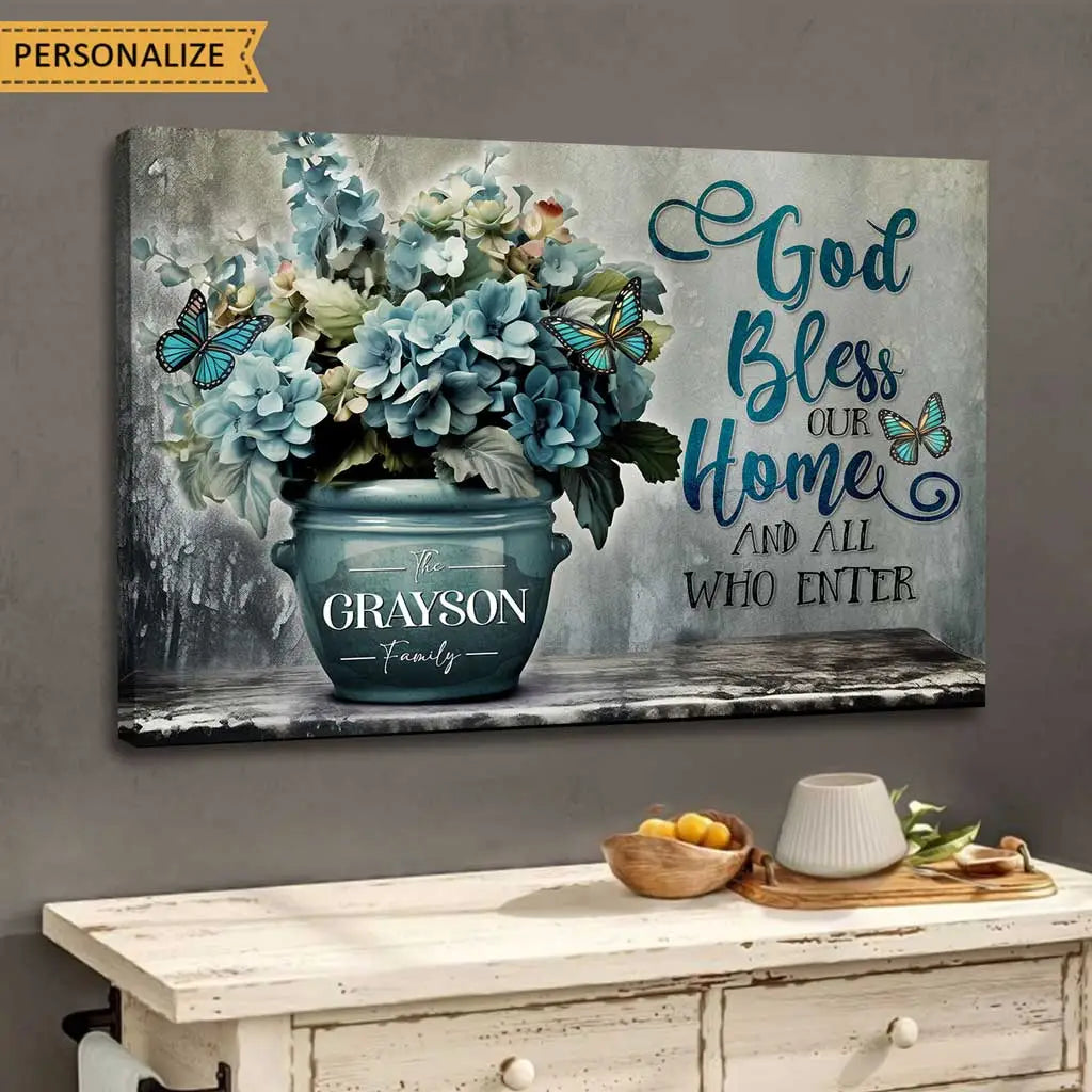 Personalized God Bless Our Home Family Name Wall Art Canvas Print