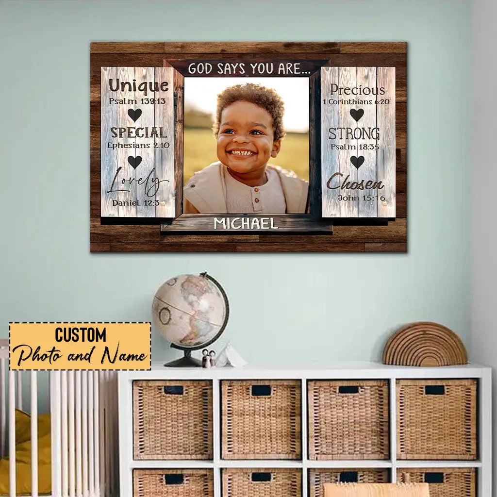 Customizable Christian wall art with "God Says You Are," photo, and name, perfect for faith-inspired gifts.