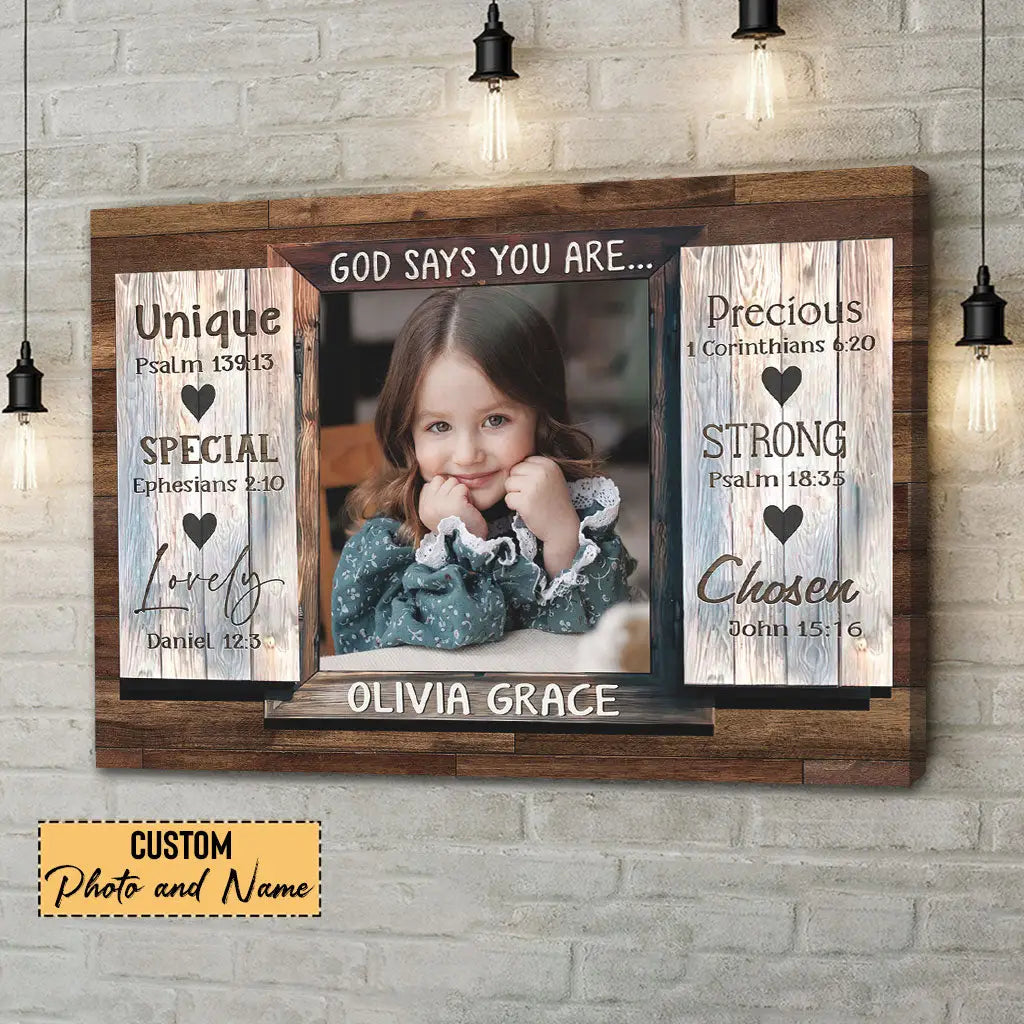 Christian wall art with "God Says You Are" and custom photo and name, perfect for faith-based and inspirational gifts.