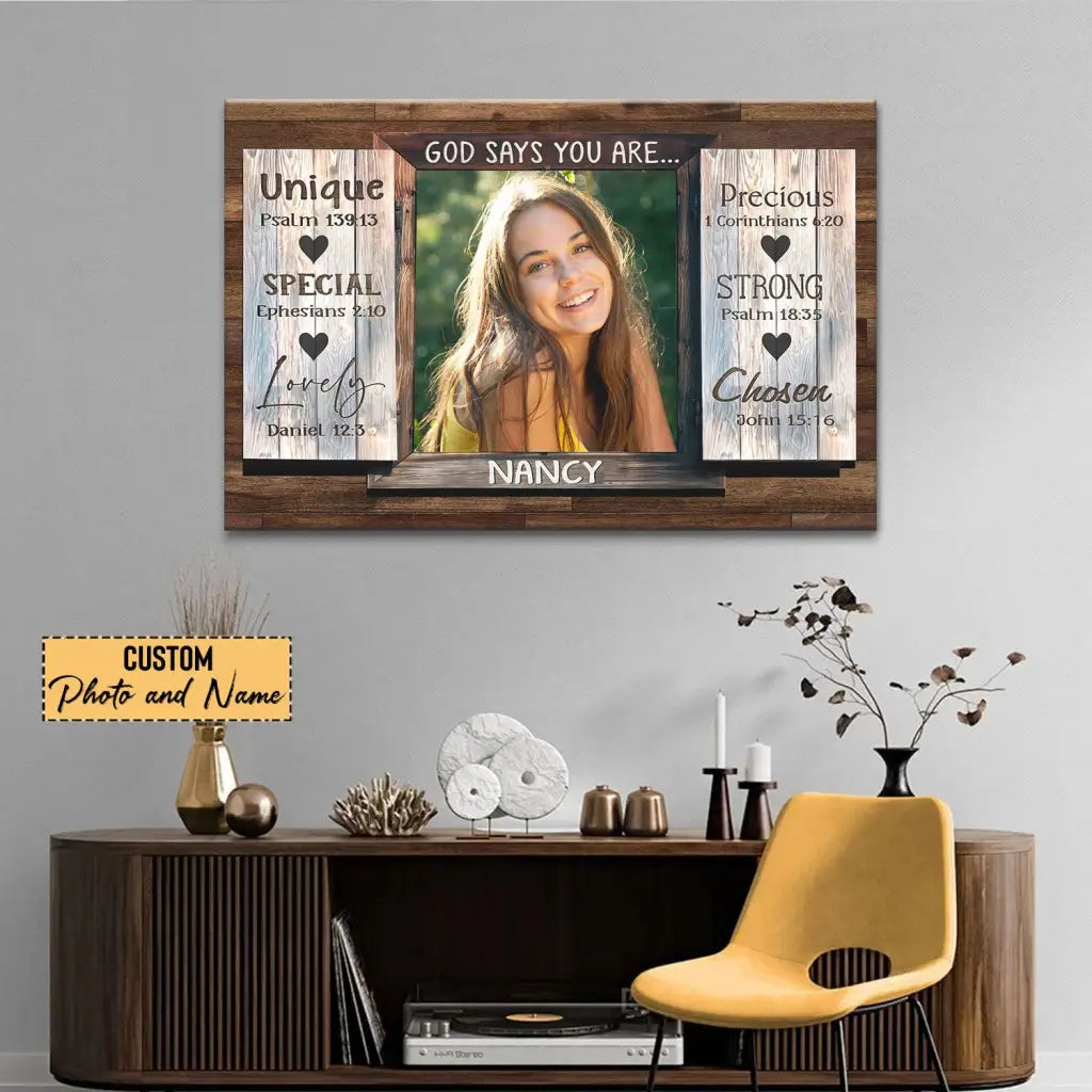 Faith-based wall art canvas with "God Says You Are," custom photo, and name, great for religious home decoration.