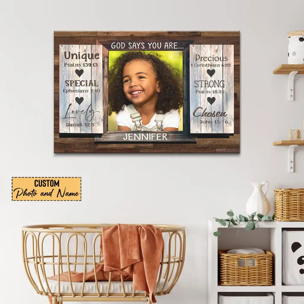 Personalized wall art featuring "God Says You Are" with custom photo and name, ideal for Christian home décor.