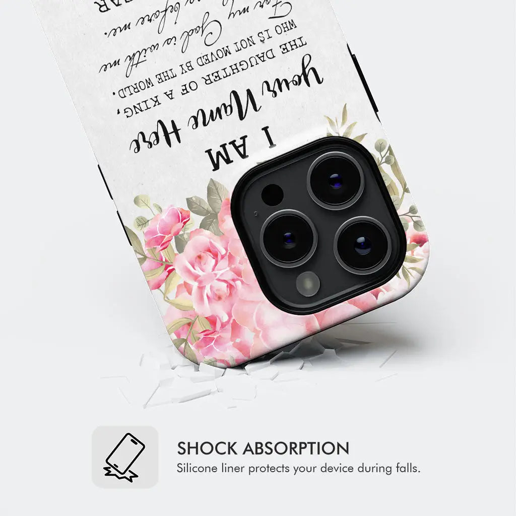 Customizable phone case with &quot;I Am the Daughter of a King&quot; and your name, perfect for Christian and inspirational gifts.