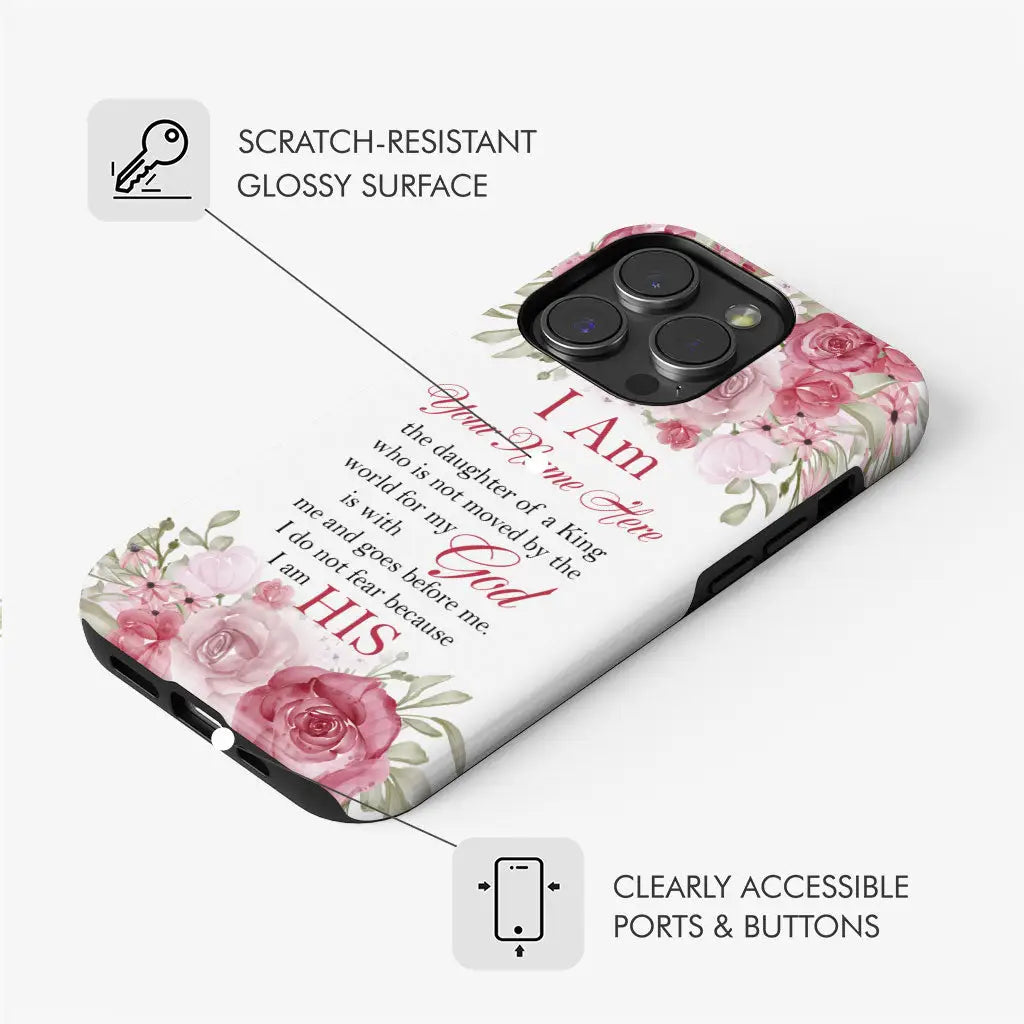 Faith-based phone case with &quot;I Am The Daughter Of A King&quot; and personalized name, great for expressing Christian faith.