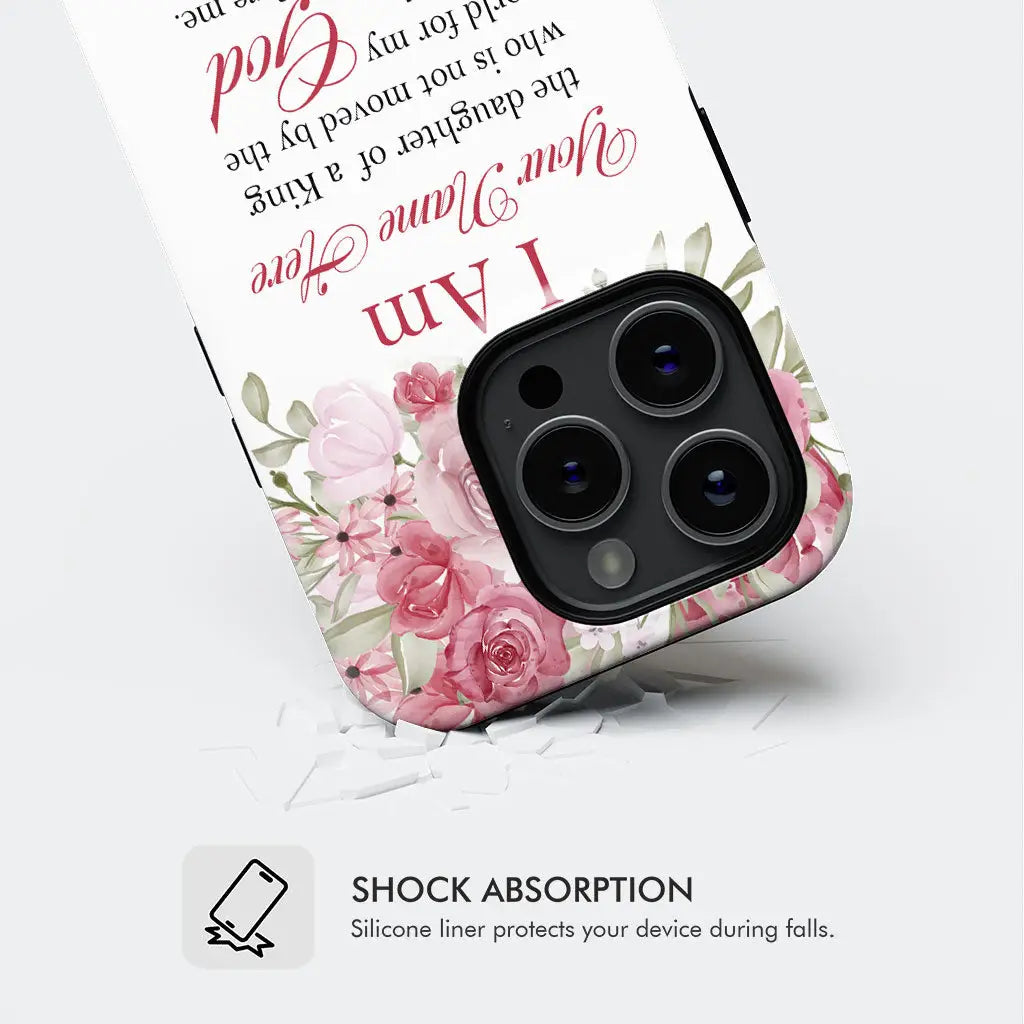 Customizable Christian phone case with "I Am The Daughter Of A King" and name, perfect for faith-inspired gifts.
