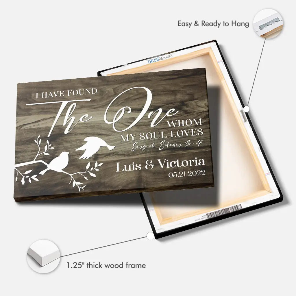 Inspirational wall art with "I Have Found The One Whom My Soul Loves," custom name, and date, ideal for faith-based home décor.