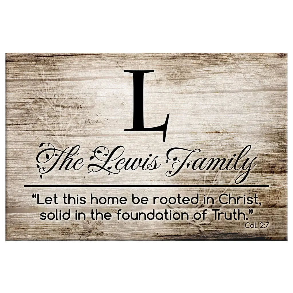 Faith-based canvas art with "Let This Home Be Rooted in Christ," personalized with family details, ideal for Christian gifts.