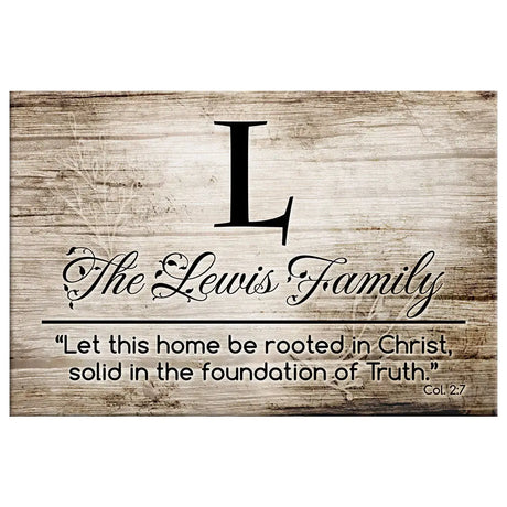 Faith-based canvas art with "Let This Home Be Rooted in Christ," personalized with family details, ideal for Christian gifts.