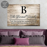 Customizable wall decor featuring "Let This Home Be Rooted in Christ" with family name and initial, perfect for Christian homes.