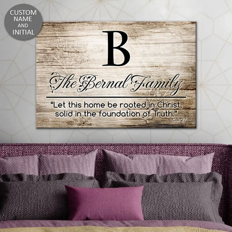 Customizable wall decor featuring "Let This Home Be Rooted in Christ" with family name and initial, perfect for Christian homes.