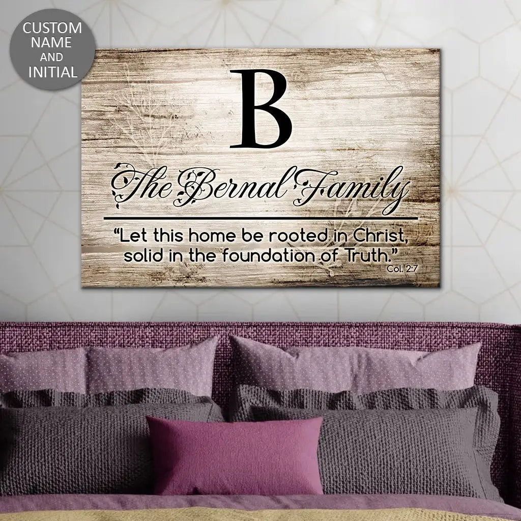 Customizable wall decor featuring "Let This Home Be Rooted in Christ" with family name and initial, perfect for Christian homes.