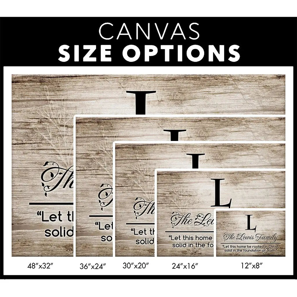 Inspirational landscape wall art featuring "Let This Home Be Rooted in Christ" with custom family name and initial for home decor.