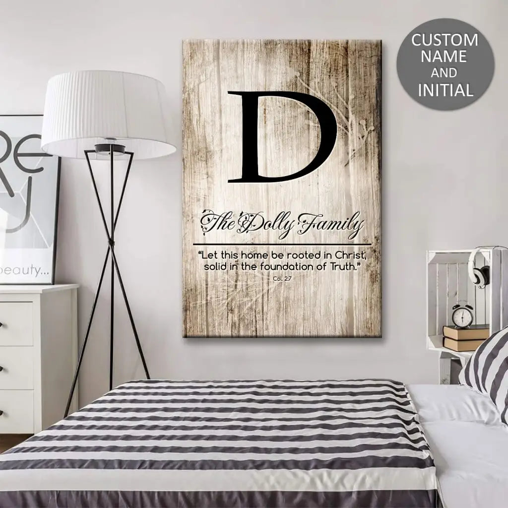 Inspirational wall art featuring "Let This Home Be Rooted in Christ" with custom initials, perfect for family-oriented Christian decor.