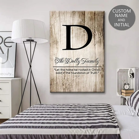 Inspirational wall art featuring "Let This Home Be Rooted in Christ" with custom initials, perfect for family-oriented Christian decor.