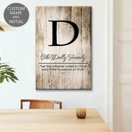 Personalized Christian wall art canvas with "Let This Home Be Rooted in Christ" and custom family name, ideal for Christian gifts.