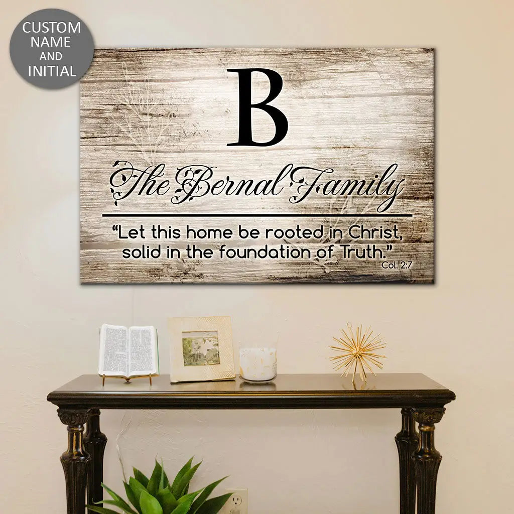 Personalized wall art canvas featuring "Let This Home Be Rooted in Christ" with custom family name and initial, ideal for decor.